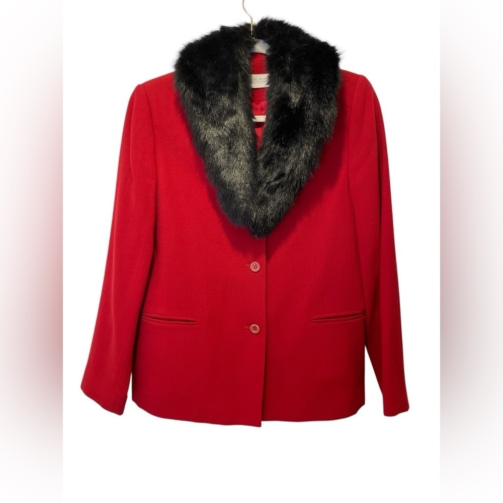 Valerie Stevens Petite Collection Red Cherry Blazer with Faux Fur Collar